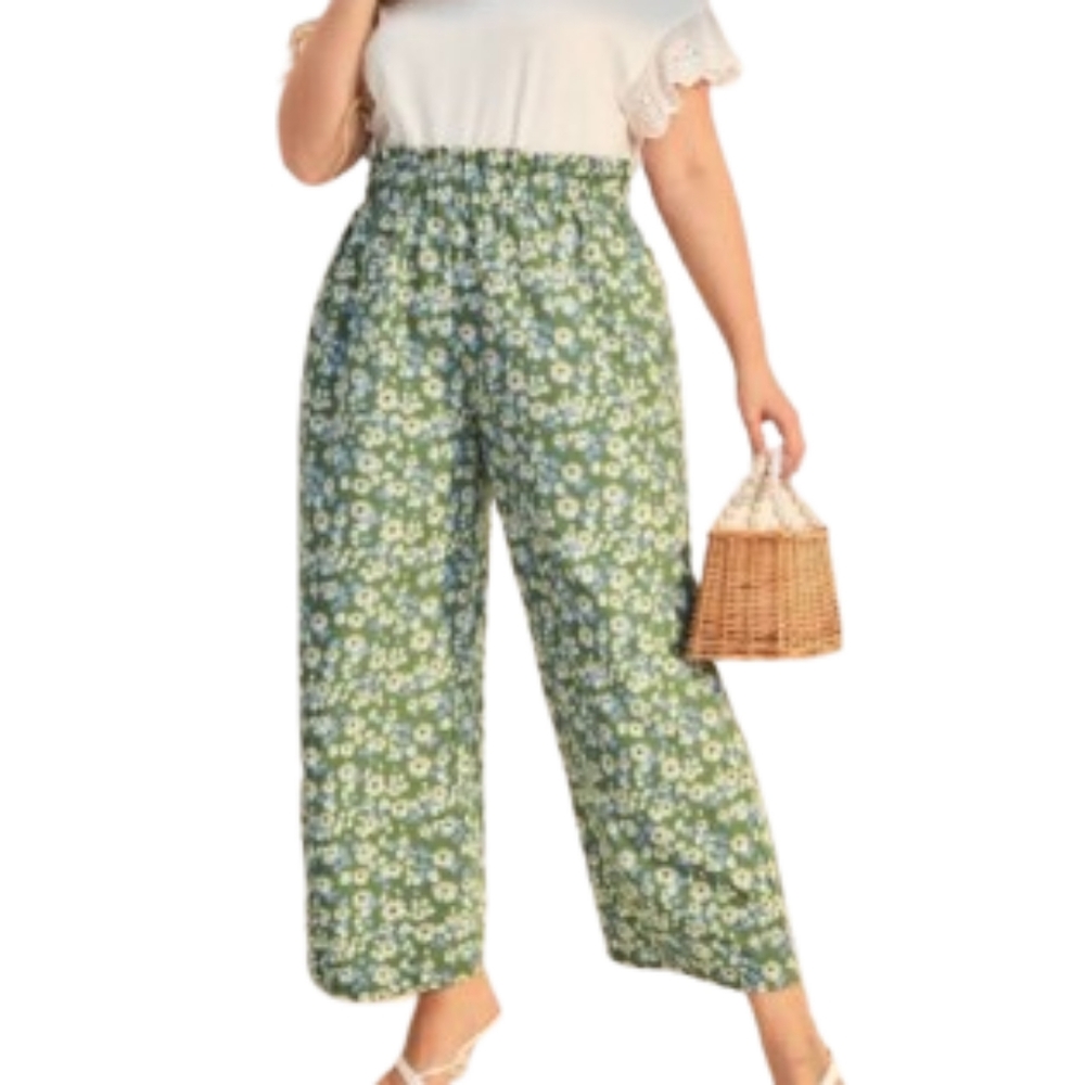 Shein Green Floral Pull On Wide Leg Pants Sz 0XL